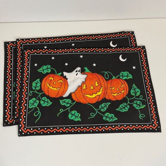 3 Vintage Halloween Placemats Cotton Canvas Ghost Pumpkins - Picture 2 of 7